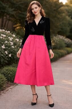 William Pearson Retro 80s Black Velvet Like Pink V-Neck Sequin Dress Size 4 Prom